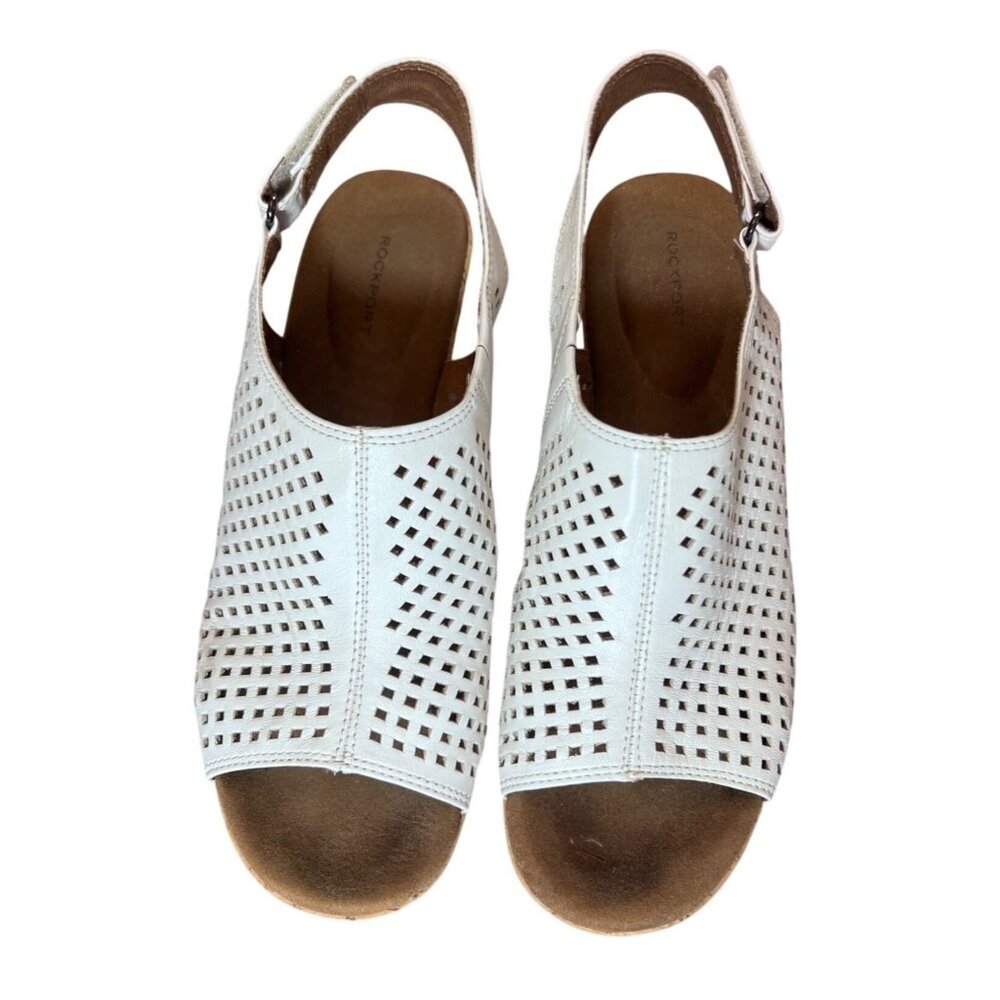 Rockport Womens White Bria Perf Leather Slingback Wedge Sandals Size 9M